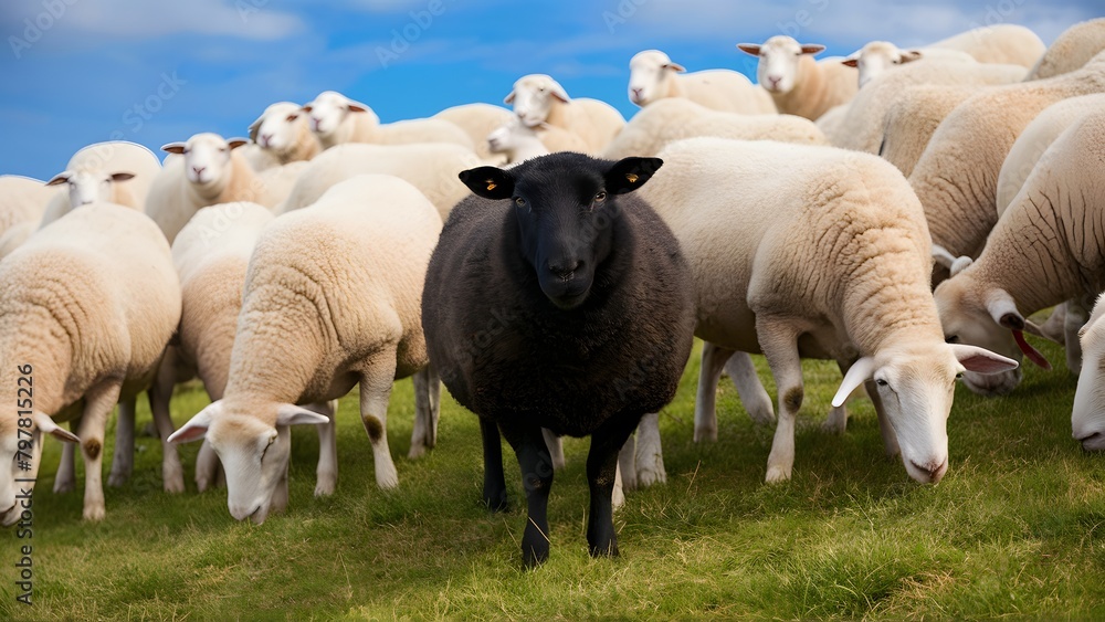 Fototapeta premium A pastoral scene with a flock of sheep grazing on a grassy hill. The most distinctive feature is a black sheep standing in the foreground, which contrasts sharply with the predominantly white sheep