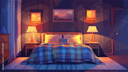 Interior of bedroom with knitted plaid on bed and glow