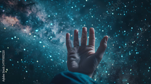 Hand in front of the starry night sky. 