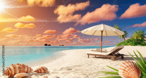 A stunning tropical beach landscape with sky color with tree  Summer beach vacation scene. capturing the essence of a perfect summer holiday. Generative AI