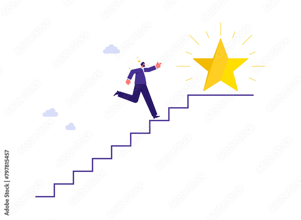 Steps to Success, achievement or opportunity, accomplishment or career development concept, businessman climbing up steps to get the star