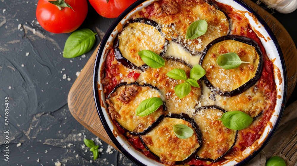 A plate of parmigiana with eggplant slices, cheese, tomato sauce, and basil, baked in a casserole dish, sprinkled with cheese and oregano. A plate of parmigiana with eggplant slices, cheese, tomato sauce, and basil, baked in a casserole dish, sprinkled with cheese and oregano.