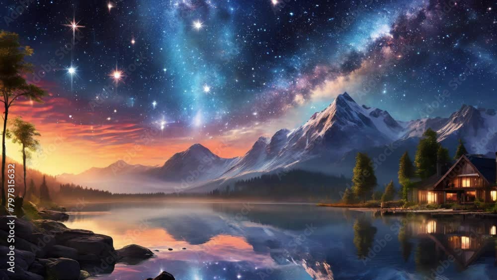 山と流れ星と輝く星空と天の川が見える家、宇宙と川、ループ動画 山と流れ星と輝く星空と天の川が見える家、宇宙と川、ループ動画