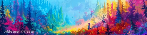 Painted in a vivid spectrum of colors, the surreal dreamscape forest captivates with its otherworldly beauty