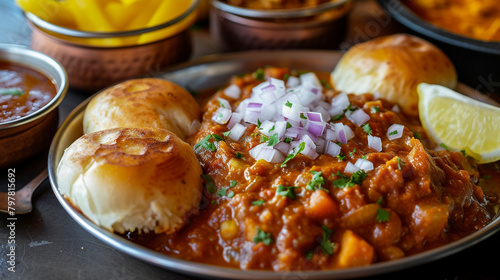 A plate of pav bhaji with buttery bread rolls and thick vegetable curry, topped with chopped onions, lemon wedges, and butter.