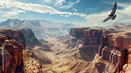 A panoramic view of a rugged desert canyon with towering red sandstone cliffs carved by millennia of wind and water. A lone eagle soars overhead, searching for prey, Generative AI