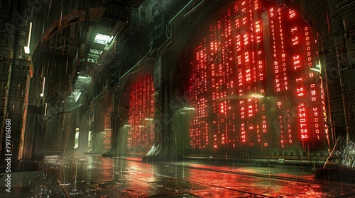 A dark and rainy street in a futuristic city. The street is lined with tall buildings and neon lights. The rain is reflecting the lights of the city.