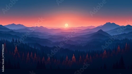 A beautiful landscape of a mountain range at sunset. The sky is a deep orange and the mountains are dark blue. The sun is setting behind the mountains and there is a light fog in the foreground.