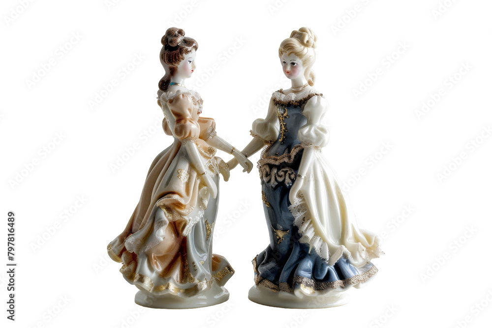Two whimsical figurines stand side by side, exuding charm and elegance