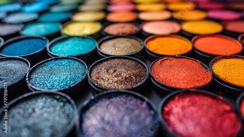 A close up of a palette of colorful eyeshadows.
