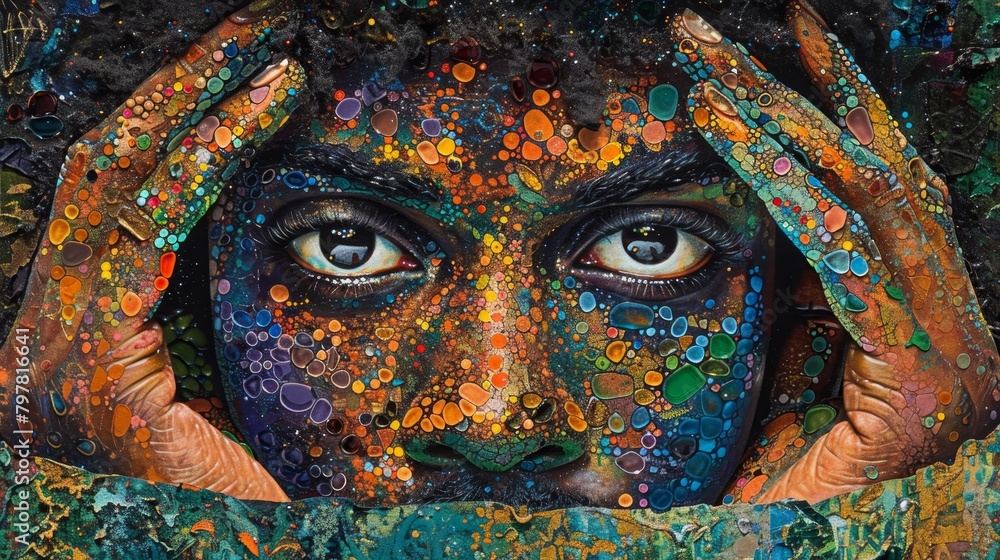 A close up portrait of a woman's face. She has dark skin and her face is covered in colorful dots. She is looking at the viewer with her hands on her head.