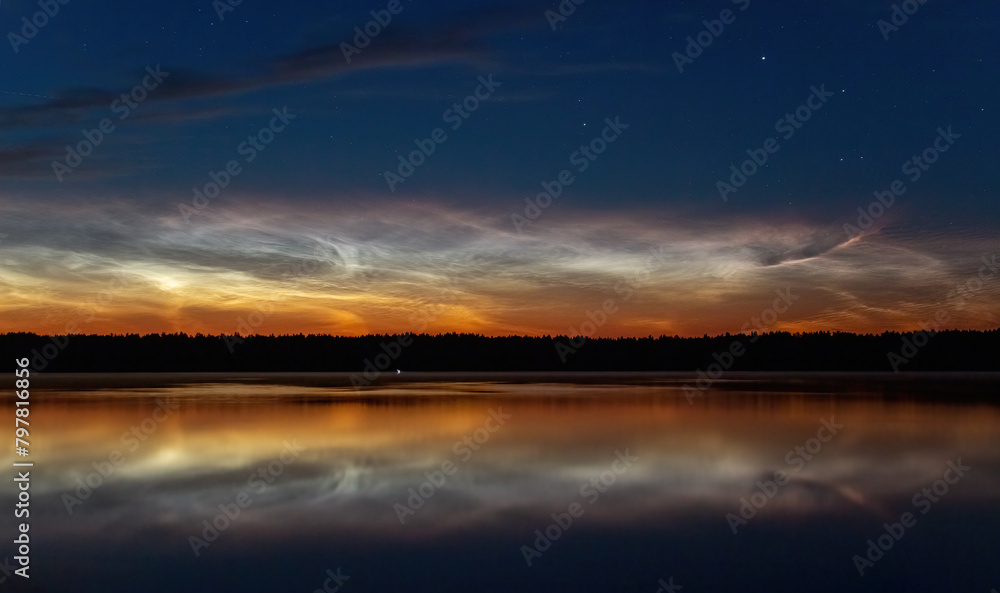 Beautiful sunset over the lake. Noctilucent clouds