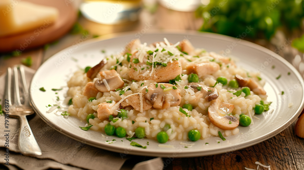 A plate of risotto with chicken, mushrooms, and peas, cooked with white wine and butter, sprinkled with parmesan cheese. A plate of risotto with chicken, mushrooms, and peas, cooked with white wine and butter, sprinkled with parmesan cheese.