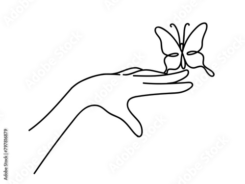 Butterfly line hand. Human hand holding butterfly moth. Isolated vector illustration