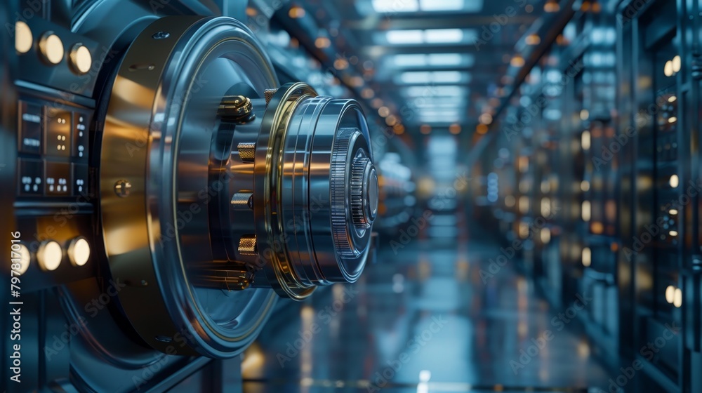 The inside of a futuristic bank vault with a large metal door and a combination lock. The inside of a futuristic bank vault with a large metal door and a combination lock.