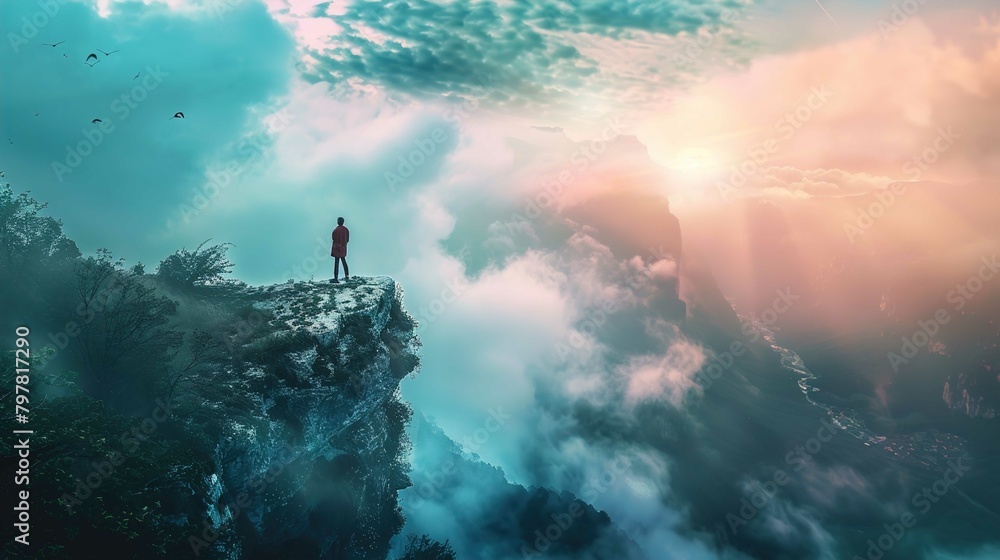 A solitary figure stands on the edge of a cliff overlooking a dramatic landscape. The cliff is enveloped by clouds and lush vegetation at its base, suggesting a high altitude location. The sky above i