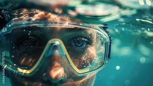 A close-up image of a person submerged in water up to their eyes. The person is wearing a clear diving mask with a yellow frame, the mask is covering their nose and eyes, and there are water droplets  photo