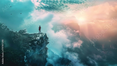 A solitary figure stands on the edge of a cliff overlooking a dramatic landscape. The cliff is enveloped by clouds and lush vegetation at its base, suggesting a high altitude location. The sky above i