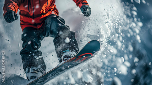 snowboarder doing tricks on the mountain, close up of snowboarder on the snow