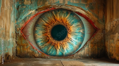 A large eyeball is set in a decaying concrete wall. The eyeball is realistic  with veins and capillaries visible. The iris is a deep blue color  and the pupil is black. The eyeball is looking straight
