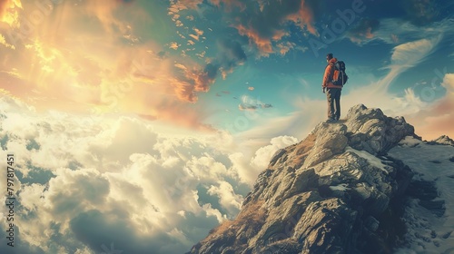 A person dressed in outdoor adventure attire, including a red jacket and a backpack, stands atop a rugged mountain peak. The scene is enveloped by a dramatic sky, with the sun casting a warm golden li © Jesse