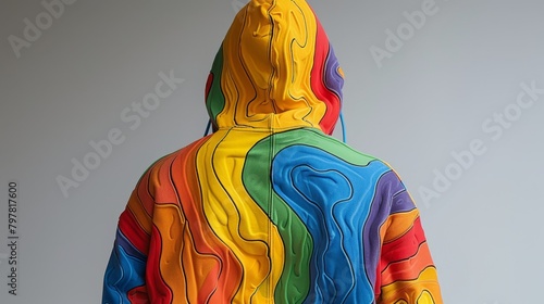 A man wearing a rainbow-colored hoodie with a hood on his head is standing with his back turned to the camera.