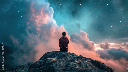 A person sits in solitude on a rocky peak, facing away from the camera. They wear a maroon hoodie and black pants. The sky above is a dramatic canvas of deep blues and pinks, interspersed with twinkli photo