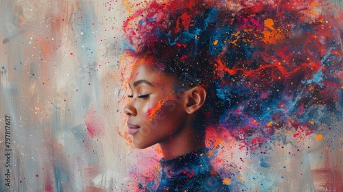 A painting of a black woman with her eyes closed and her hair made of colorful paint.