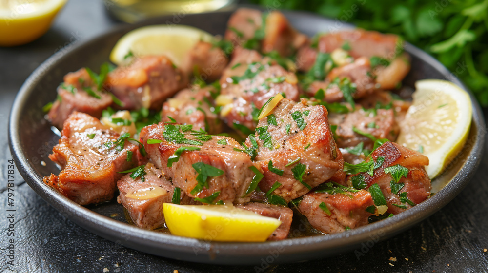 A plate of saltimbocca with veal, prosciutto, and sage, cooked in butter and wine, garnished with lemon wedges and parsley.