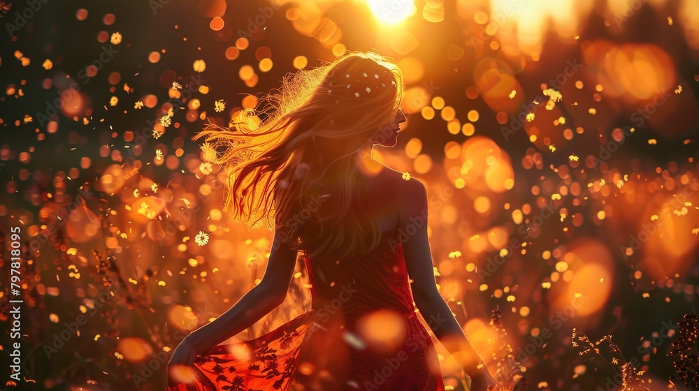 A person with long, flowing hair is seen from the back, amidst a field at sunset or sunrise. The warm backlight from the sun casts a soft glow and creates a bokeh effect with many illuminated, floatin A person with long, flowing hair is seen from the back, amidst a field at sunset or sunrise. The warm backlight from the sun casts a soft glow and creates a bokeh effect with many illuminated, floatin