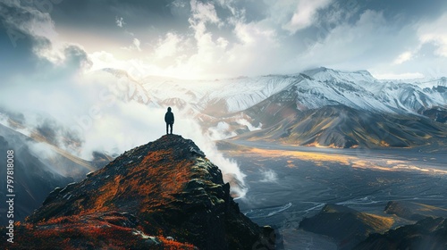A solitary figure stands on the precipice of a rugged mountain peak  gazing across a dramatic landscape of snow-covered mountains under a dynamic sky with clouds partially obstructing the sunlight. Th