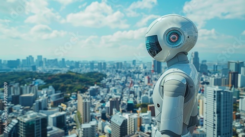 A robot is standing on a rooftop, looking out over a city. The sky is blue and cloudy, and the sun is shining.