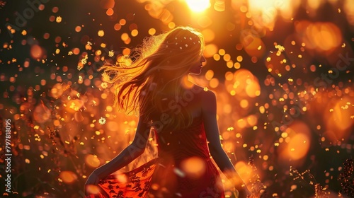 A person with long, flowing hair is seen from the back, amidst a field at sunset or sunrise. The warm backlight from the sun casts a soft glow and creates a bokeh effect with many illuminated, floatin