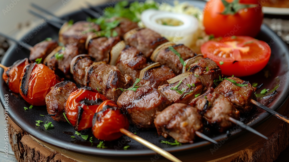 A plate of shashlik with skewered pieces of meat, marinated in vinegar and spices, and grilled over charcoal, served with onions and tomatoes.