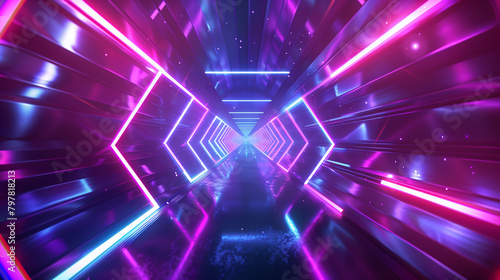 A neon colored tunnel with a pink and blue light. The tunnel is long and narrow. The light is bright and colorful