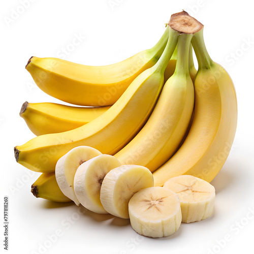 A bunch of bananas with one banana cut in half