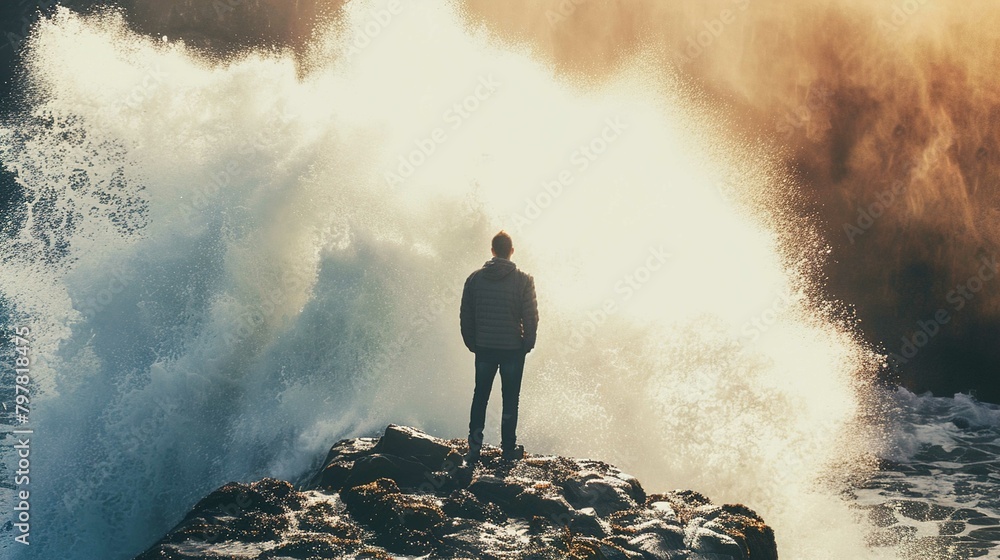 A person stands on a rocky outcrop facing a massive wave that is crashing against the rocks. The wave sprays water into the air, creating a mist that is illuminated by sunlight, giving the scene a gol A person stands on a rocky outcrop facing a massive wave that is crashing against the rocks. The wave sprays water into the air, creating a mist that is illuminated by sunlight, giving the scene a gol