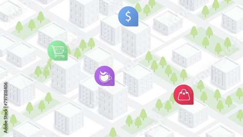 GPS navigation, online 3d map with store locations, local cuisine, food shop, grocery market. Vector illustration