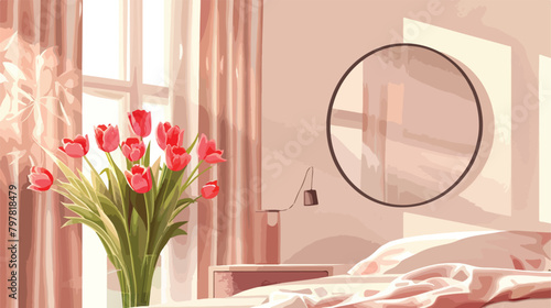 Interior of light bedroom with mirror and tulips in vector #797818479
