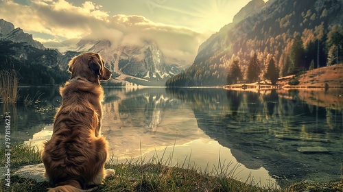 A brown dog with a shiny coat is sitting by the edge of a tranquil, clear lake, gazing across the water towards a small wooden bridge in the distance. The reflection of the surrounding mountains, illu photo