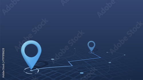 Route on the map to pin. City street map with various points of interest. GPS tracking system to navigate and find way around the city landmarks, directions to different locations. Vector illustration