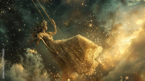 An asterisk girl swinging on a rocker in the clouds  photo