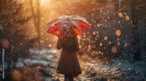 A person is standing in a snowy landscape during what appears to be sunset, facing away from the camera. They are holding a red umbrella that has a layer of snow on top of it, suggesting that it is sn photo