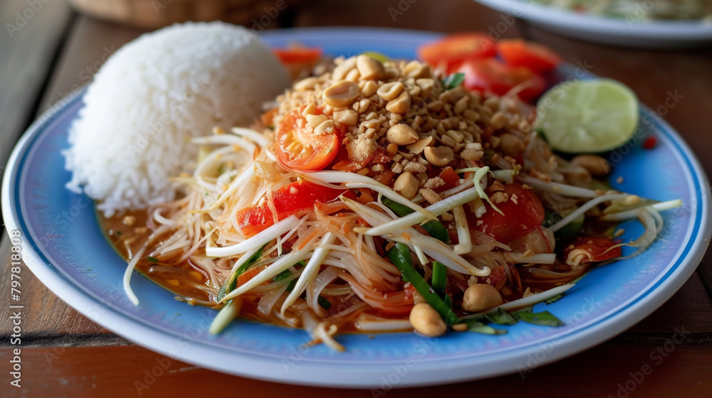 A plate of som tam with green papaya salad, shredded and pounded with tomatoes, peanuts, dried shrimp, garlic, lime juice, fish sauce, and sugar, and served with sticky rice and grilled chicken. A plate of som tam with green papaya salad, shredded and pounded with tomatoes, peanuts, dried shrimp, garlic, lime juice, fish sauce, and sugar, and served with sticky rice and grilled chicken.