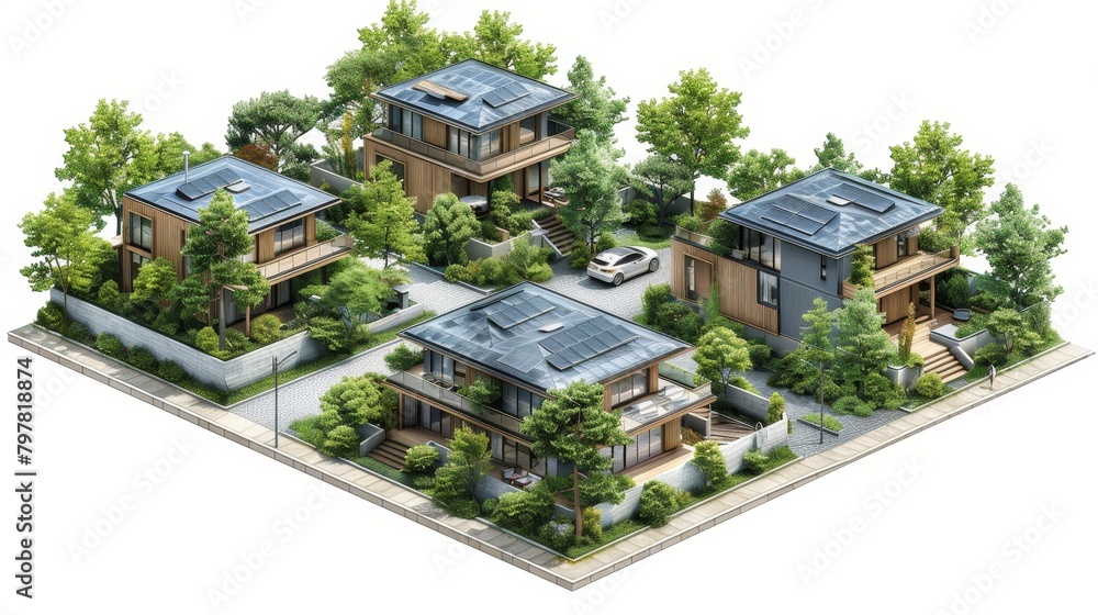 An isometric view of a modern suburban neighborhood with solar panels on the houses. An isometric view of a modern suburban neighborhood with solar panels on the houses.