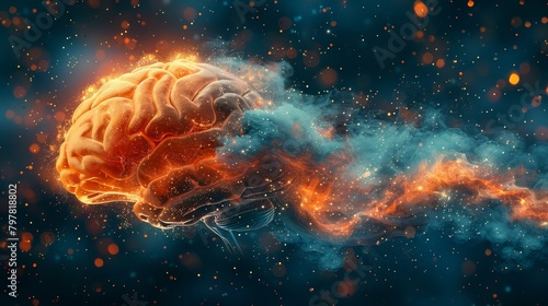 An illustration of a brain with smoke coming out of it. The brain is orange and the smoke is blue. The background is dark blue with white dots.