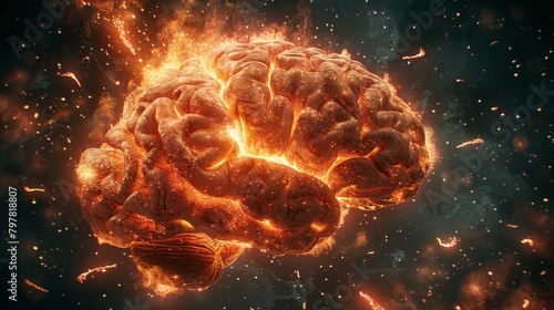 An illustration of a human brain on fire.