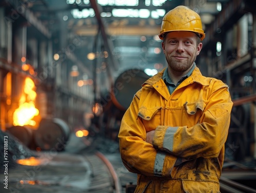 Workers wearing safety helmets in the steel plant workshop