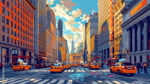 This vivid illustration captures the bustling energy of a city street, alive with the iconic yellow taxis