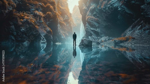 The image features a lone figure standing on a rock, facing away from the camera, in a majestic canyon with steep, textured cliffs on each side. The cliffs have patches of bright orange foliage. A ser